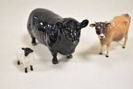 Three Beswick animal figure studies including Aberdeen Angus Bull no. 1562, Sheep no.1765 and Jersey