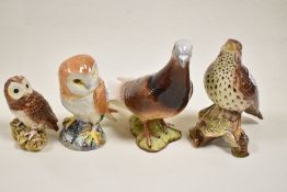 Four Beswick bird figure studies including Thrush no. 2308, Barn owl no. 2026, Barn owl no. 3272 and