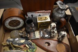 A vintage wooden mantel clock a cut glass perfume bottle with top stamped Sterling Silver, a