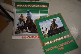 Ten 1980's Mecca Bookmakers Calendars, 1980-1989, along with two 1980 World Cup England Squad Wall