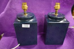 A pair of Laura Ashley square lamp bases in a green/blue glaze and floral pattern. One AF