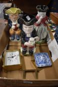 Three character Toby jugs AF a carriage clock and Spode trinket dish AF.