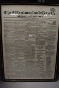 A framed facsimile copy of The Westmorland Gazette and Kendal Advertiser, Saturday May 23 1818