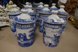 A group of nine Spode Aesops Fables blue and white pattern spice jars, sold together with a Japanese