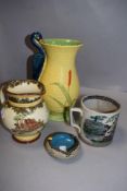 A Burleigh ware ribbed fox and heron vase, a Royal Doulton series ware jug, a Victorian transfer