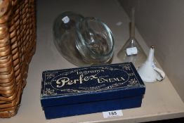 Ingram's Perfect Enema Kit, enamel funnel, glass funnel and glass bed bottle