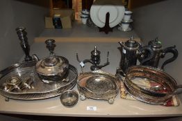 A selection of silver plated wares, trays, jugs etc