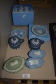 A group of Wedgwood Jasper wares, to include lidded custard cups, trinket boxes
