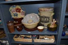A buff glazed traditional mixing bowl, sycamore topped bread bin and various other items of