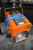 A Strand Electric theatre lamp, with modern household replacement internal fitting and blue cord