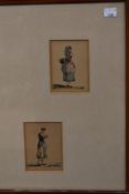 (19th century), four watercolours, Continental ladies, framed as a pair, each 10 x 8cm, 44 x 30cm
