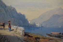 Thomas Leeson Rowbotham, (1823-1875), Italian lake landscape, signed, 17 x 40cm, later mounted