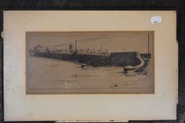 (20th century), an etching, coastal railway village, indistinctly signed, 15 x 30cm, mounted passe-