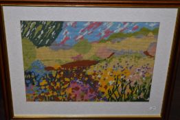(20th century), a woolwork picture, stylised landscape, 34 x 48cm, mounted framed and glazed, 55 x