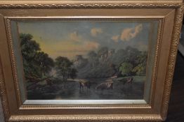 (19th/20th century), a print, river castle cattle, 38 x 51cm, re-painted framed and glazed, 57 x