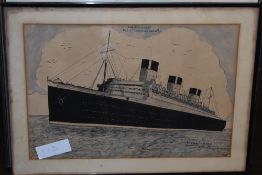 Ronnie Gray, (20th century), a watercolour, The Queen Mary, signed, 36 x 45cm, mounted framed and