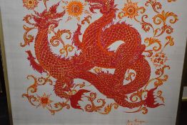 Jim Thompson, (20th century), a fabric painting, Thailand mythical, signed, 83 x 83cm, metal mounted