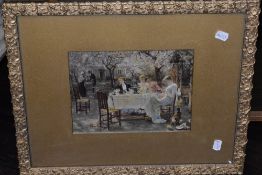 (19th century), a heightened print, garden party, 18 x 24cm, mounted, foliate framed and glazed,