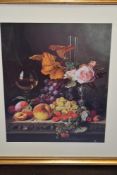 Bloemers, a 20th century re-print, Art Company, still life with fruit and flowers, attributed verso,