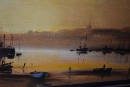 (20th century), an oil painting, harbour sunset, 45 x 90cm, unsigned, 53 x 98cm, Rossin (20th
