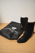 A pair of vintage Mary Quant lace up boots in black suede, having metallic bronze detail to back