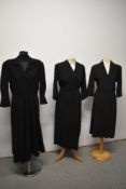 Three vintage black dresses, including 1940s wool dress with full skirt, late 1940s/50s with