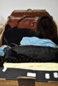A mixed box of vintage and antique items to include velvet muff, headscarves, fur collar (removed