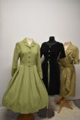 Three vintage green dresses, including late 1940s/ 50s green velvet dress with contrasting grosgrain