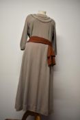 A 1940s CC41 utility labelled crepe day dress in slate grey with chestnut brown accents and belt,