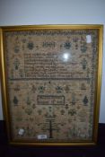 A 1838 dated needlework sampler, with verse and depictions of ships, Adam and eve with the Serpent
