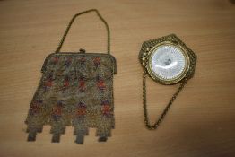 Two Art Deco chain evening bags, one having blue gem stones to clasp fastening and coloured accents,