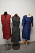 Three 1950s to 60s dresses, including red silk dress with scalloped details to bodice, and blue