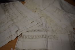 Four antique table cloths having intricate techniques used throughout, to include Drawn thread work,
