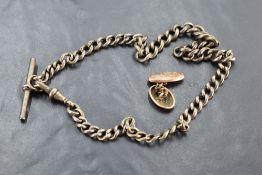 An HM silver curb link watch chain and single 9ct rose gold cufflink