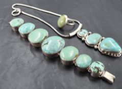 Three pieces of silver and turquoise jewellery of stylised form including seven panel oversized