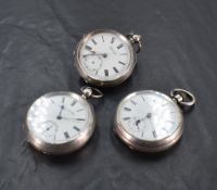 A group of three late19th/early 20th century silver-cased open-faced pocket watches, of