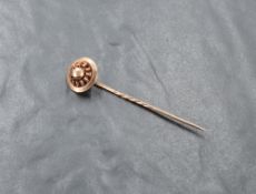A rose gold coloured short hat/stick pin, no marks, probably 9ct rose gold, approx 2.8g