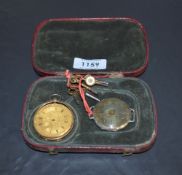 An 18k gold cased fob watch, damaged, lacking glass and hands, sold together with a brass dialled '