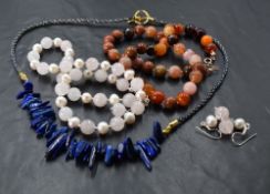Three hand made necklaces including Lapis Lazuli, pearl and Rose quartz and multi agate bead