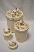 A set of modern cream ware kitchen containers , farm animal themed, stamped Fitz and Floyd, hand