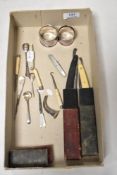 Two vintage cut throat razors, three button hooks, one MOP handled, and similar.