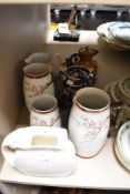 A mixed lot of ceramics including late 19th century tea pot and trivet with relief design reading'