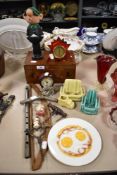 A miscellany of vintage items to include novelty ceramic pipe rests in the form of sofa and arm
