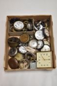 A box of vintage pocket watches and parts, also included are some clock parts.