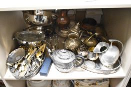 A mixed lot of vintage and antique flatware, trays, bone handled cutlery, copper pan and tea