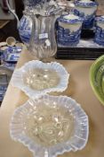 Two partially opaque Victorian fluted glass bowls of textured form and a similar vase.