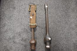 Two vintage thistle headed bell clappers, purported to be from a church in Billinge, near St Helens,
