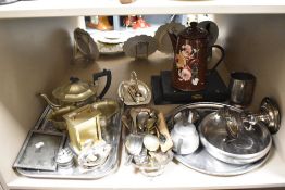 A mixed lot of flatware, a painted enamel tea pot, trays, cutlery and similar.