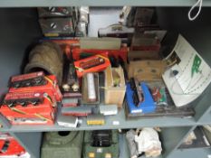 A shelf of mixed gauge Accessories and Rolling Stock, some boxed along with empty boxes and a part