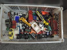 A box of playworn diecasts including Corgi, Dinky, Lesney etc
